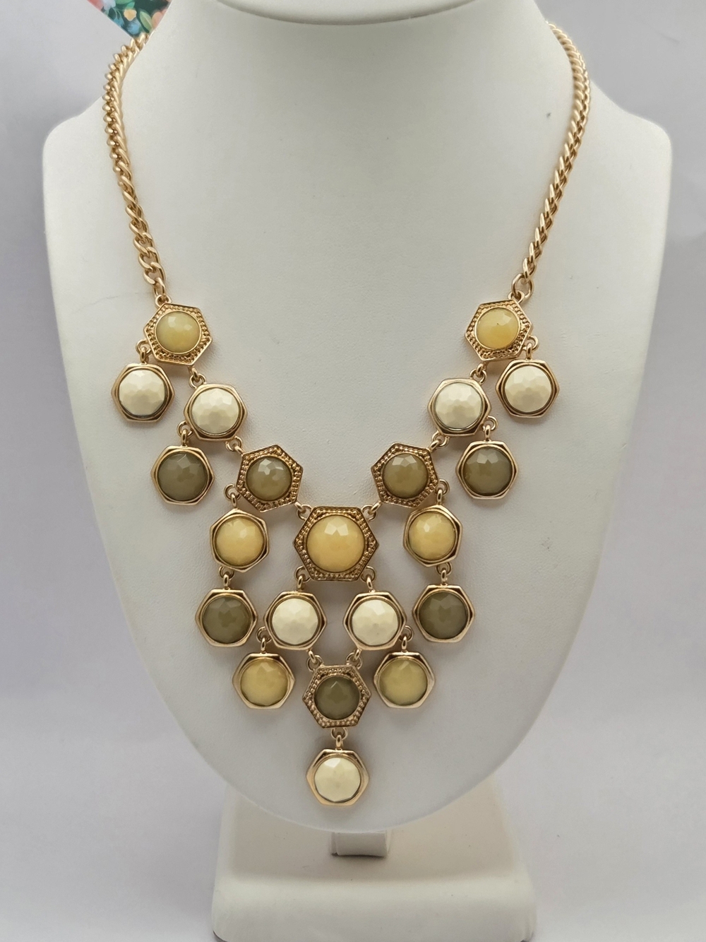Gold Tone Hexagon Statement Necklace Neutral Earth Tones 20"